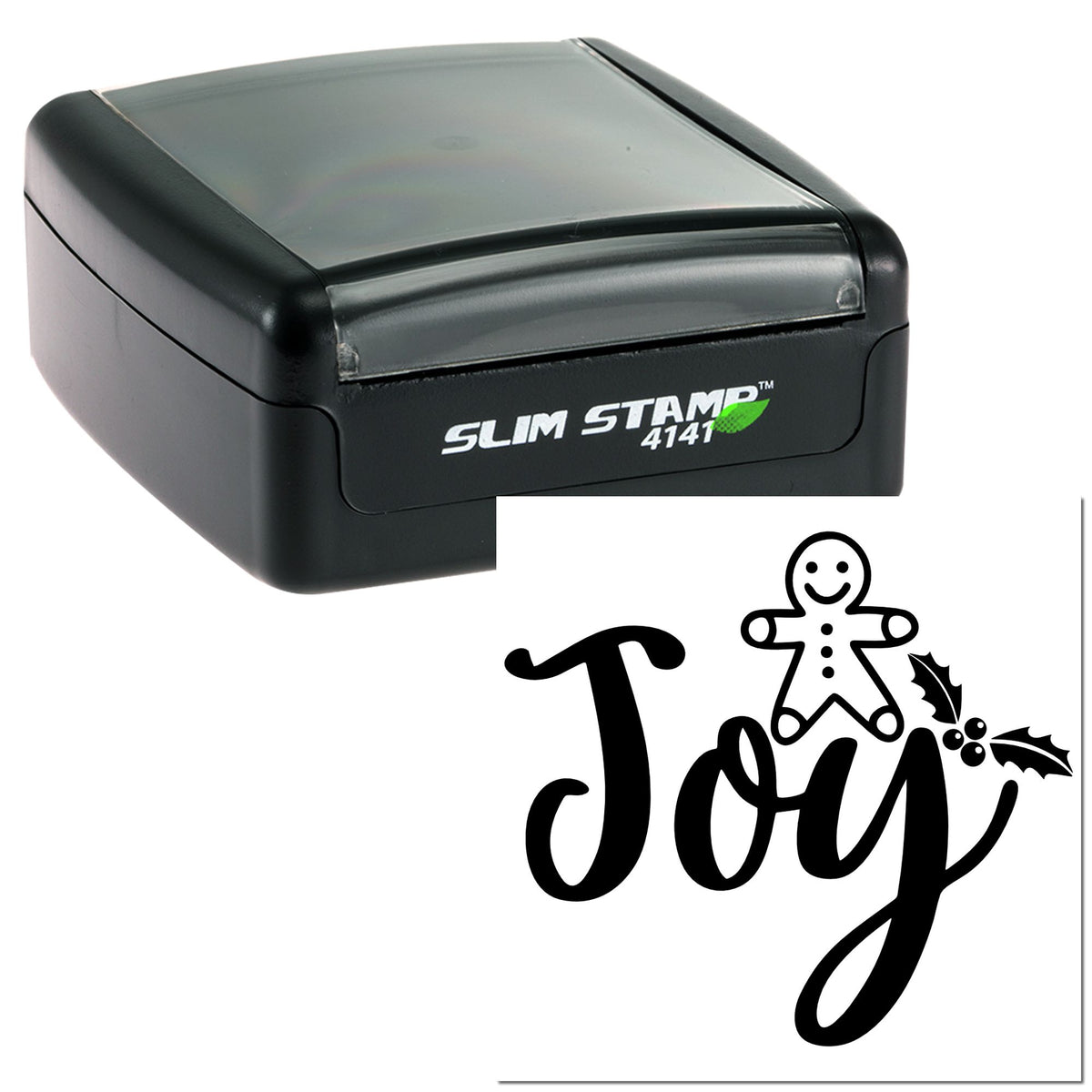 Black Slim Stamp 4141 with gray top, paired with a black Joy holiday seal featuring a gingerbread figure and holly.