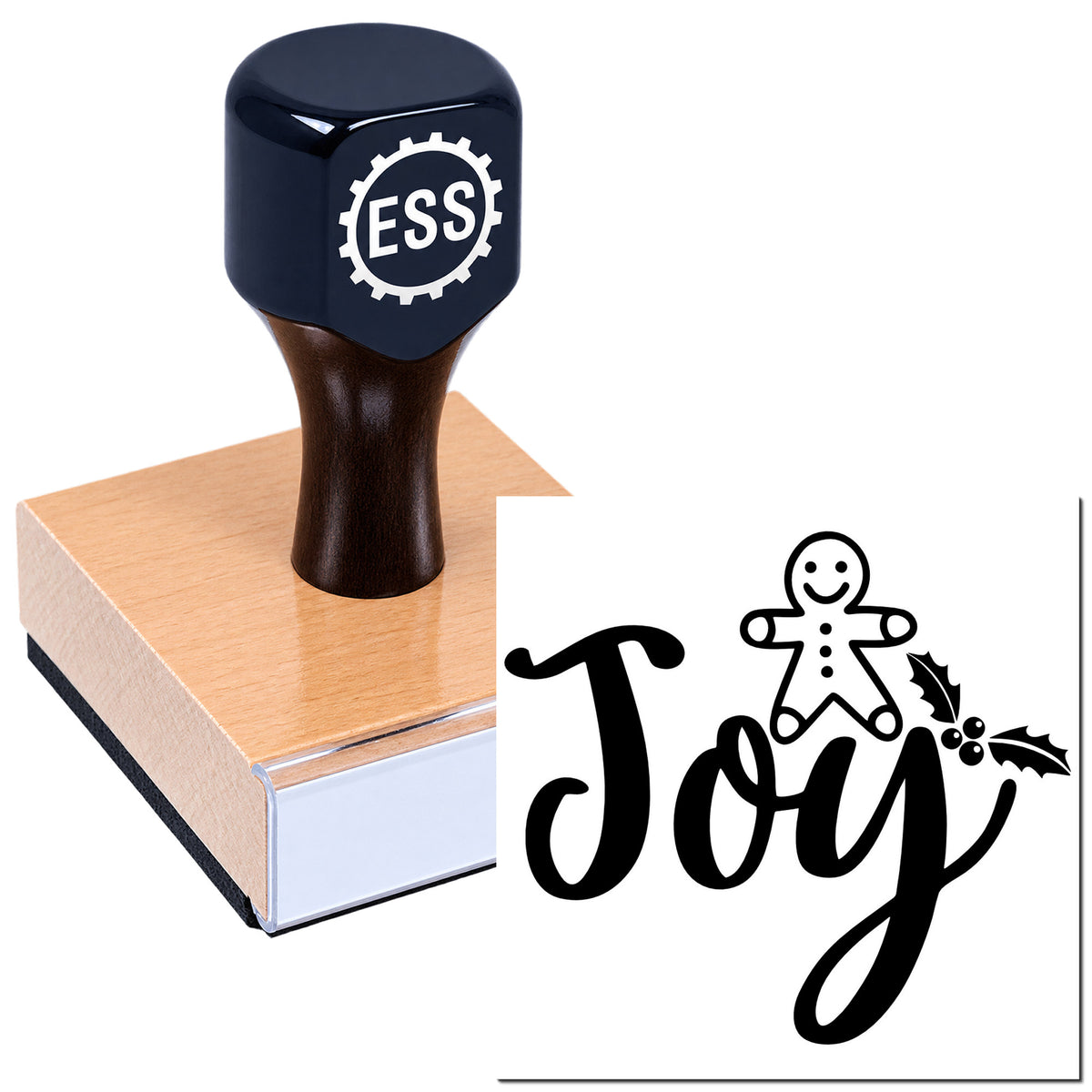 Black ESS rubber stamp on wooden block beside a festive Joy seal with gingerbread figure and holly accents.