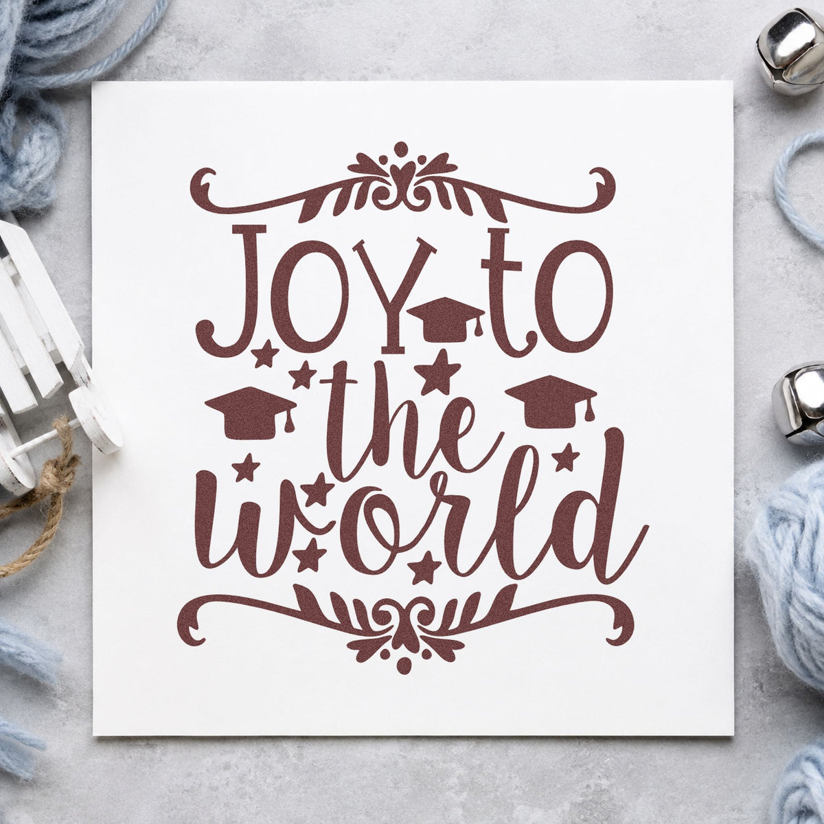 Joy To The World Flourishes rubber stamp printed in brown ink, ready for job search sheet and similar paper crafts.