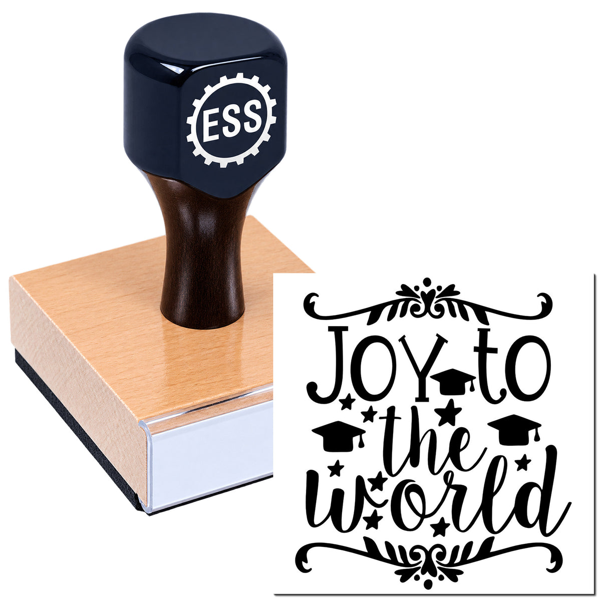 Black ESS stamp on a pink seal block beside a decorative black "Joy to the World" seal design with stars and graduation caps.