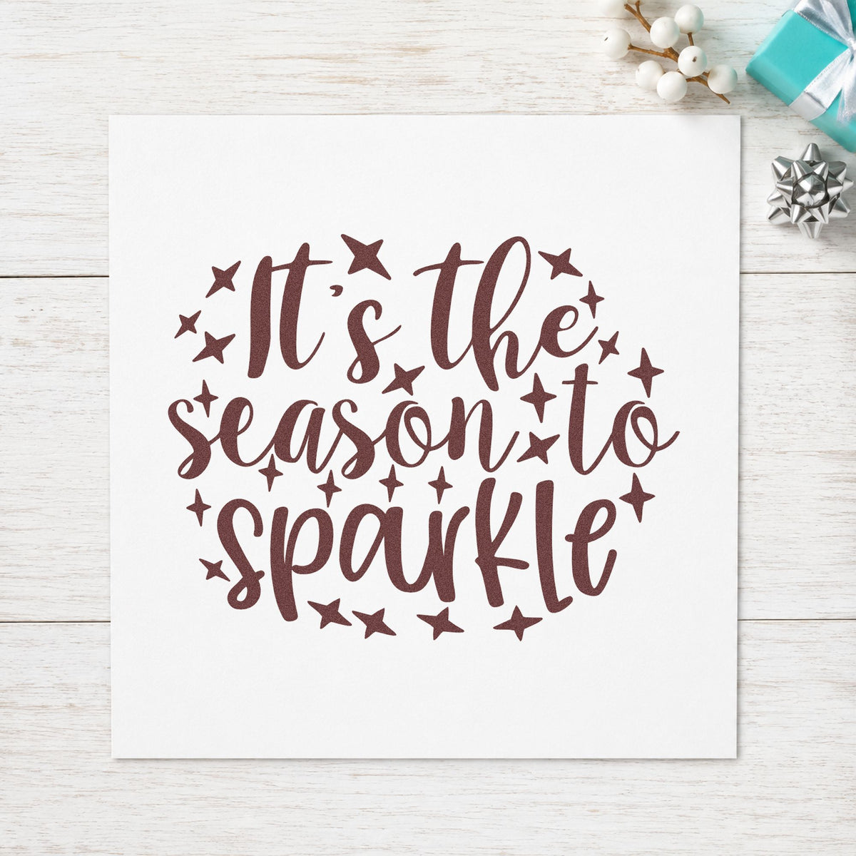 Season To Sparkle Stars rubber stamp printed in brown ink, ready for event calendar sheet and similar paper crafts.