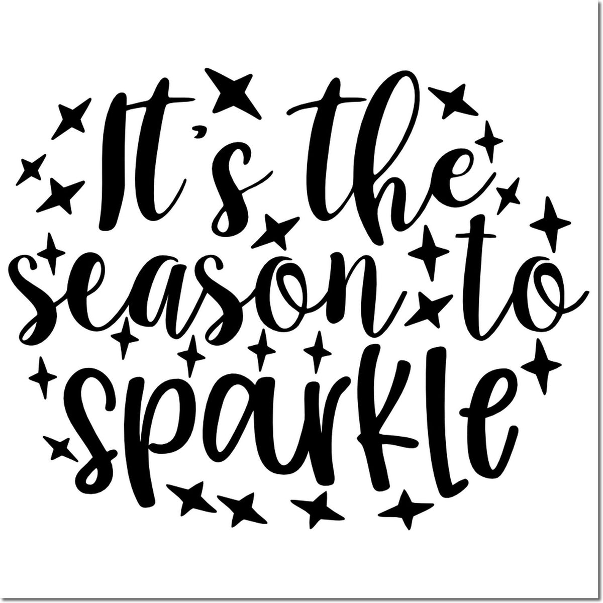 Black script stamp/seal reading Its the season to sparkle with star accents on a white background
