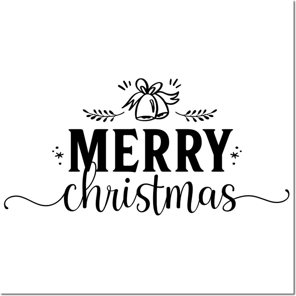 Black Merry Christmas stamp design with bells, leafy accents and bold script lettering on a white background.
