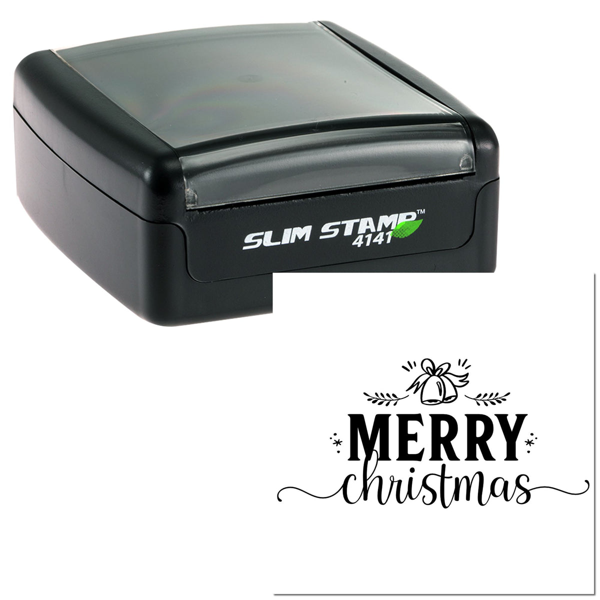 Black Slim Stamp 4141 self-inking stamp with Merry Christmas custom seal design in black on white.