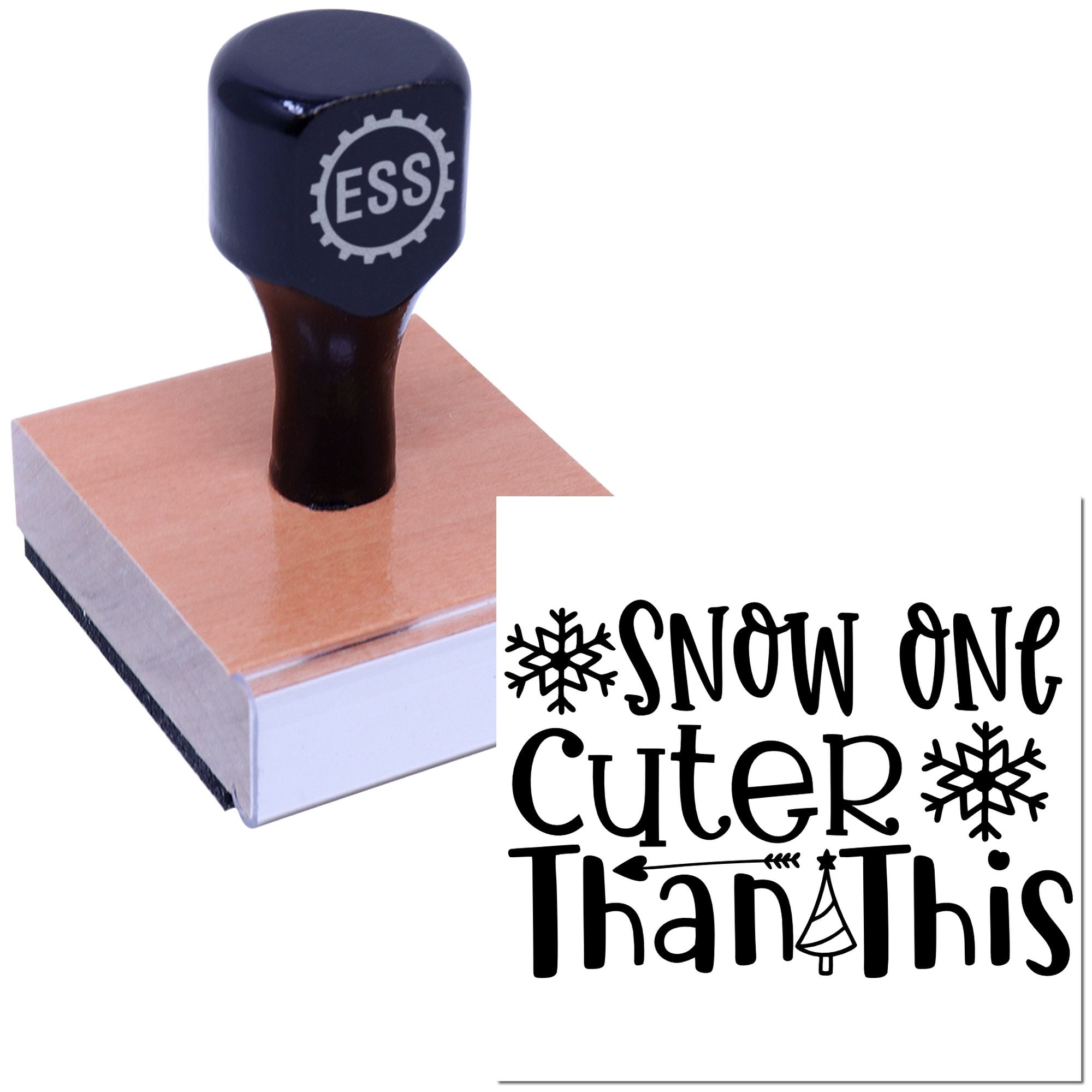 Dark blue ESS stamp and wooden seal block beside black holiday text, Snow one cutter than this, with snowflakes and tree.