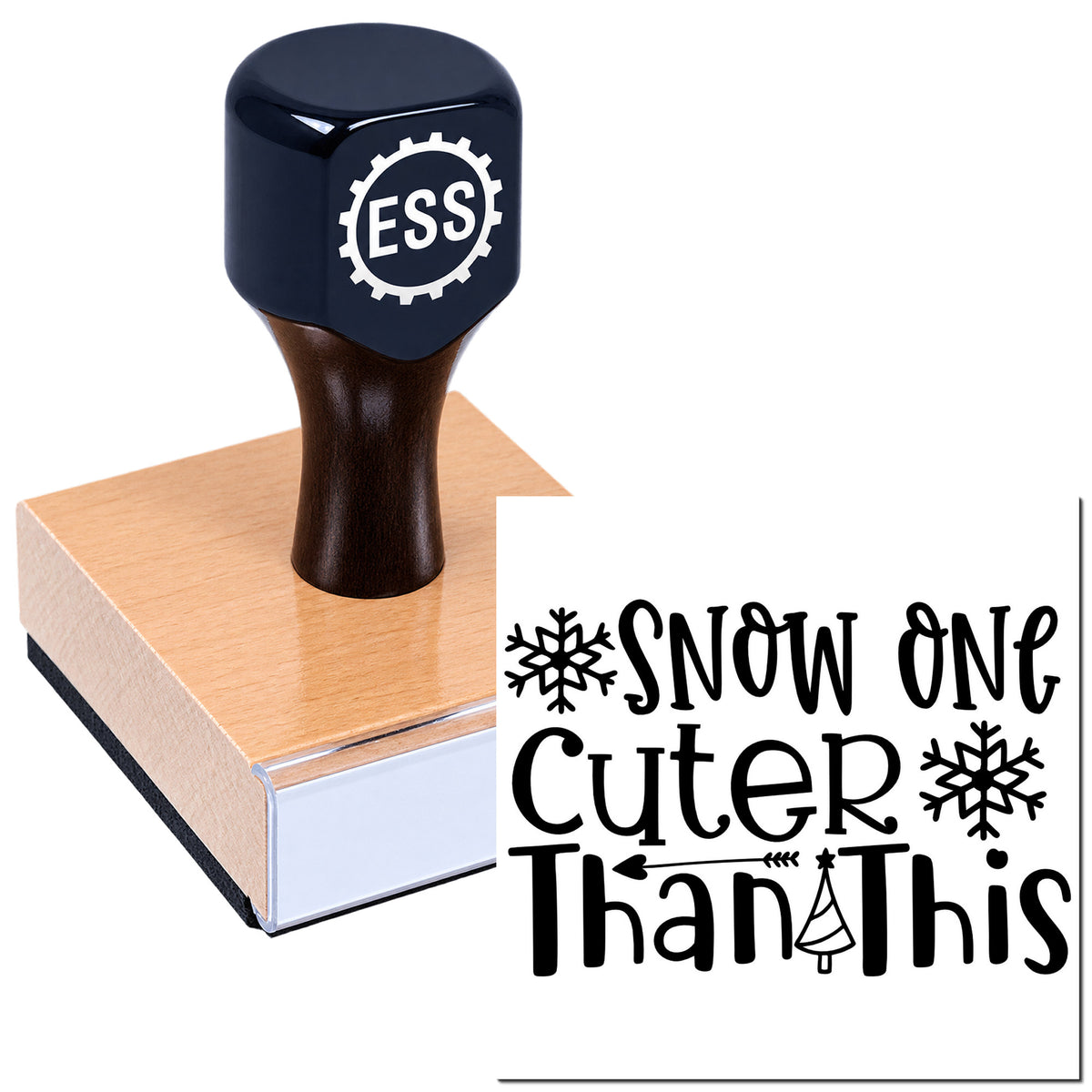 Dark blue ESS stamp and wooden seal block beside black holiday text, "Snow one cutter than this," with snowflakes and tree.