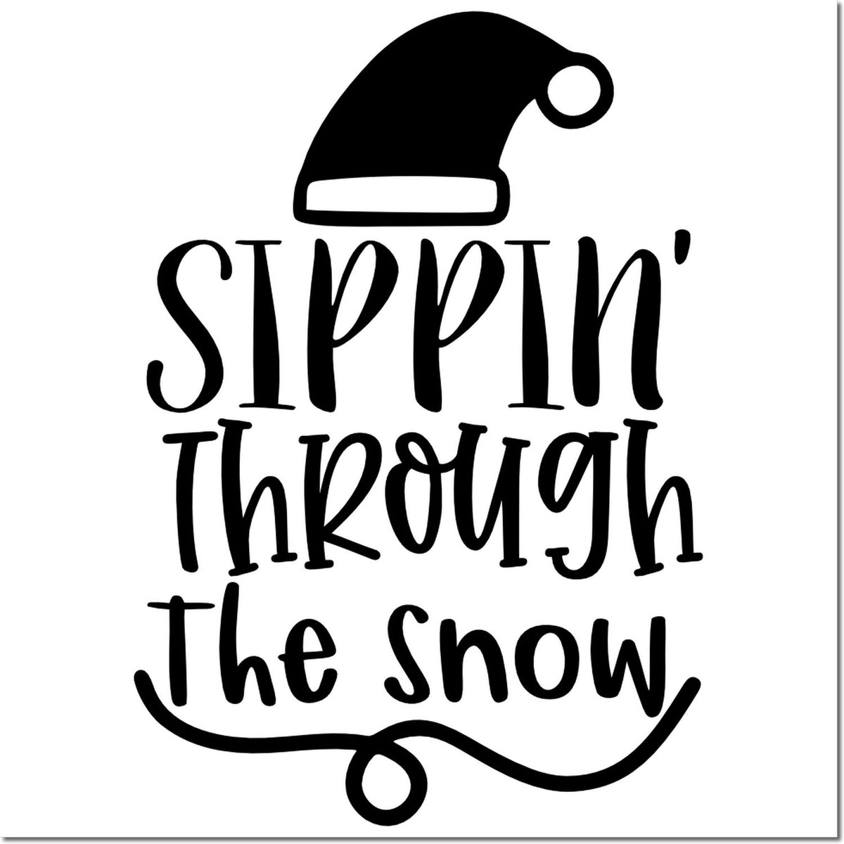 Black holiday stamp seal with Santa hat and Sippin Through the Snow text on a white background.