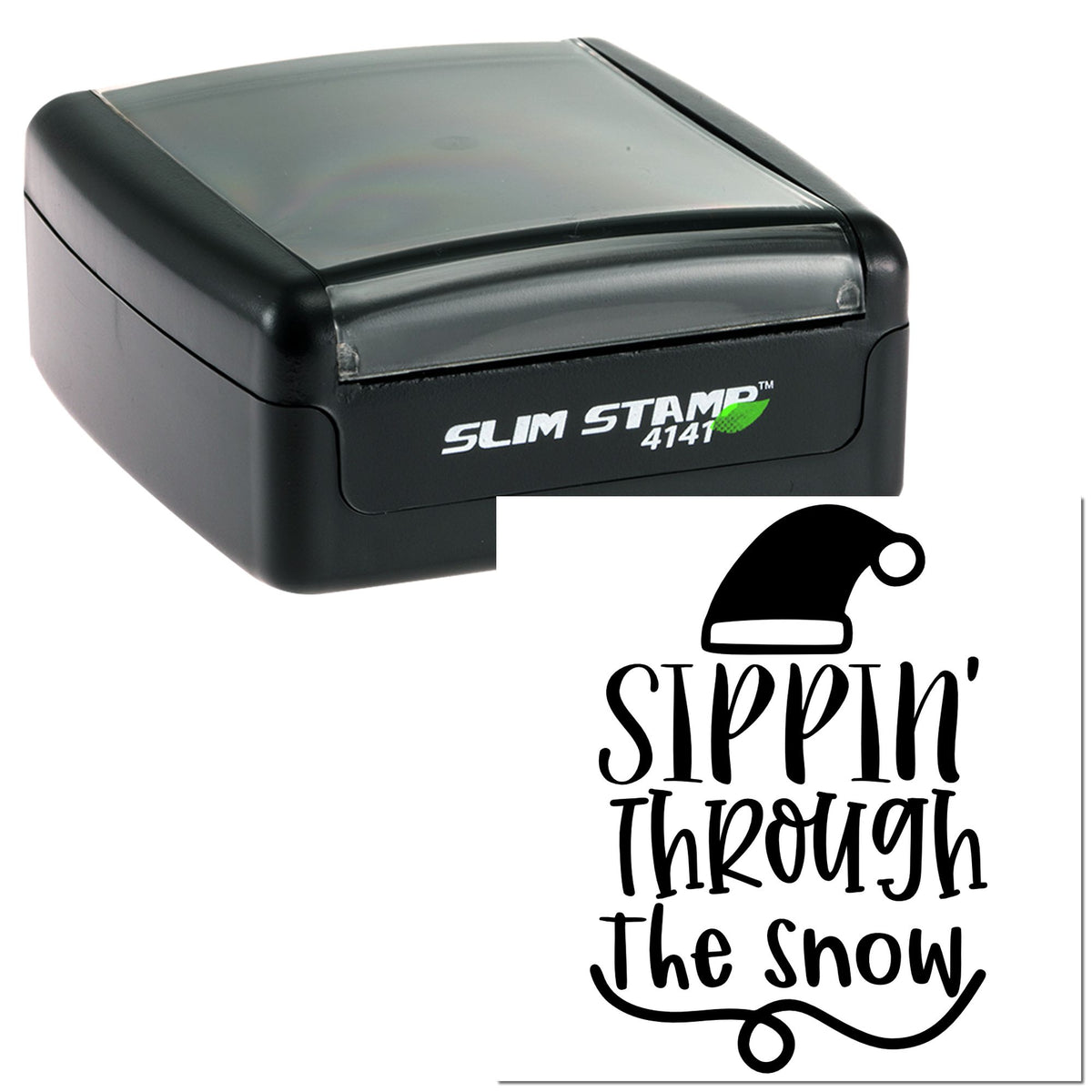 Black Slim Stamp 4141 self-inking stamp with gray cover and Santa hat seal reading Sippin Through the Snow