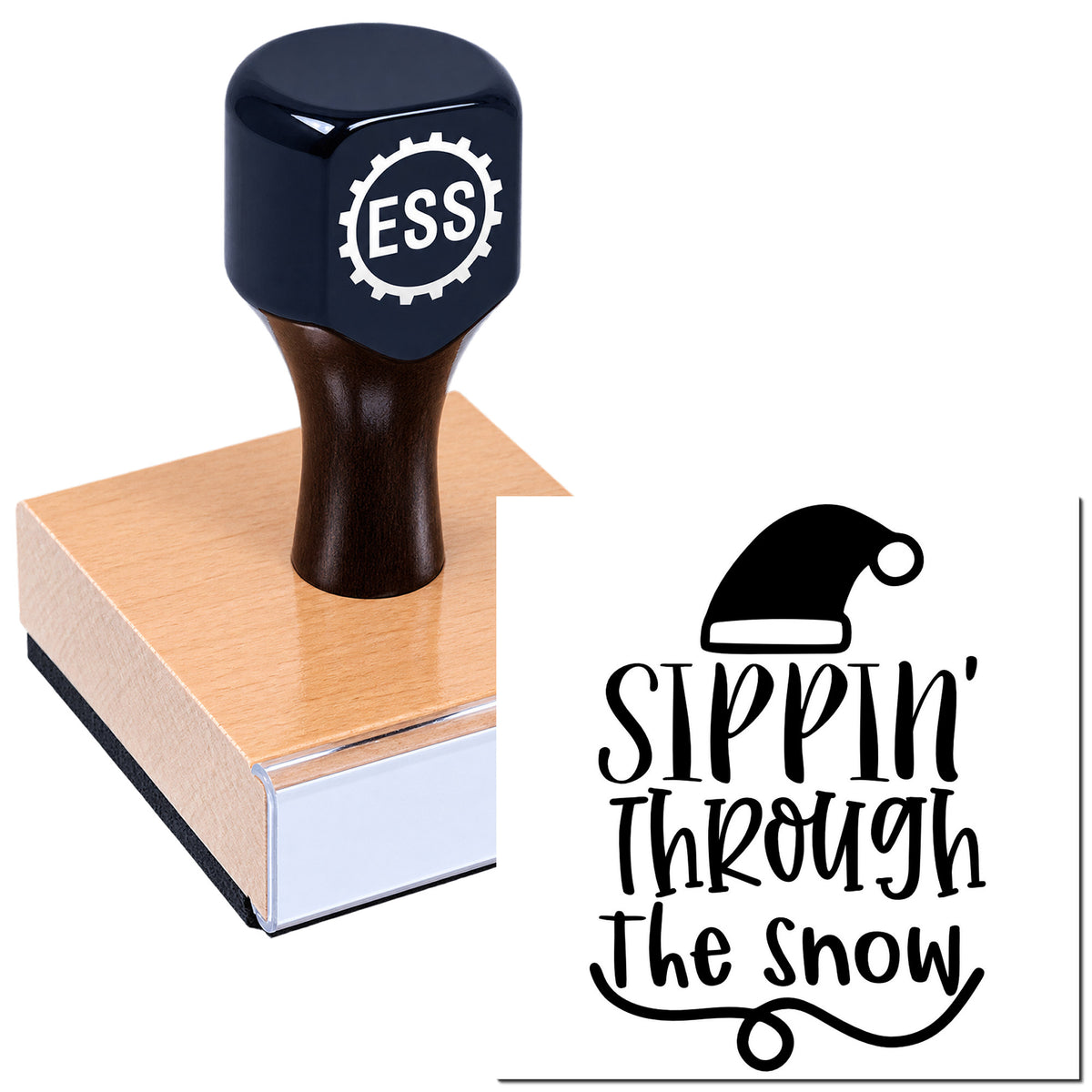 Dark navy ESS gear-logo stamp on wooden base beside black "Sippin' Through the Snow" seal with Santa hat.