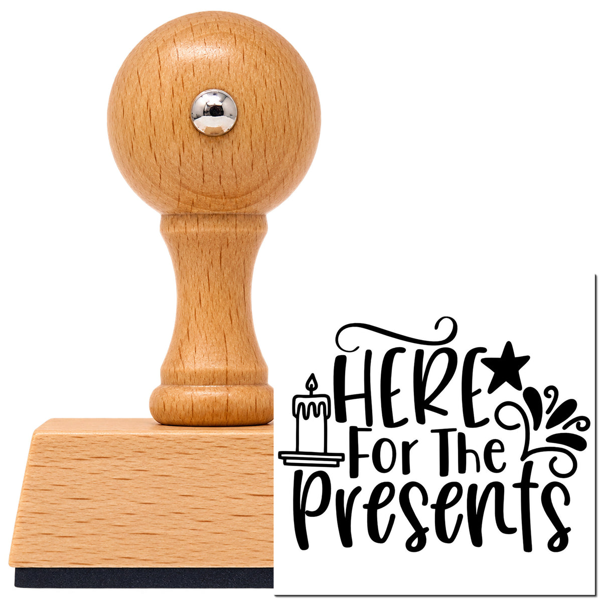 Vintage Pro beech wood stamp with a round knob handle, shown with its black Here For The Presents imprint on white.