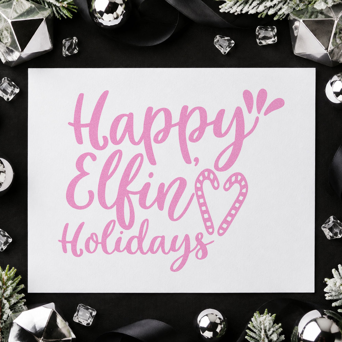 Happy Elfin Holidays Heart craft stamp in purple ink on cardstock, an easy option for costume album page.