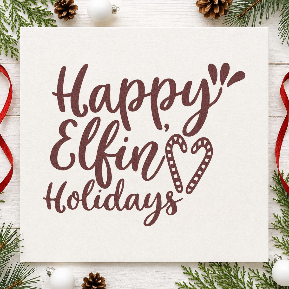 Happy Elfin Holidays Heart rubber stamp printed in brown ink, ready for shift roster sheet and similar paper crafts.