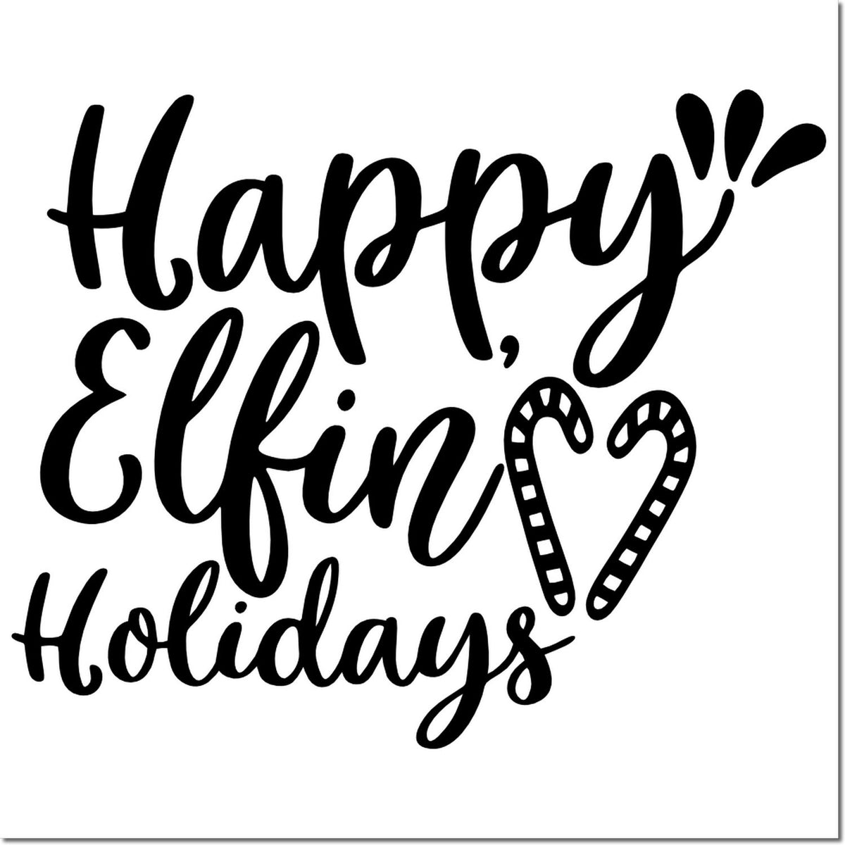 Black Happy Elfing Holidays stamp design with candy cane heart accents on a white background.