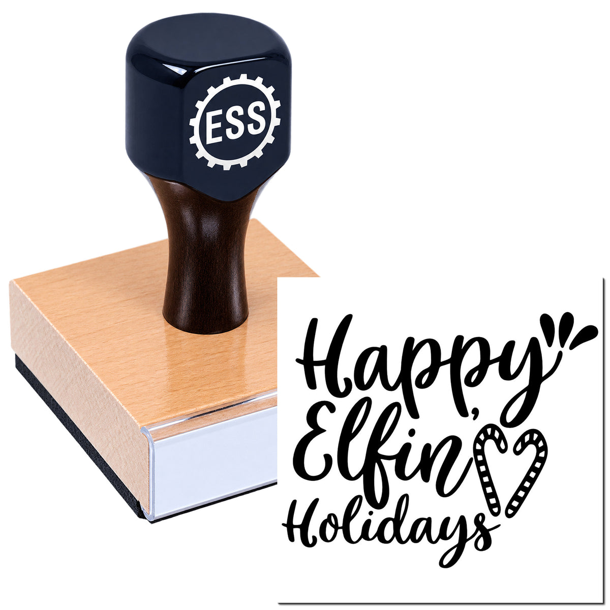 Black custom rubber stamp and seal with ESS logo, featuring "Happy Elfing Holidays" in decorative script.