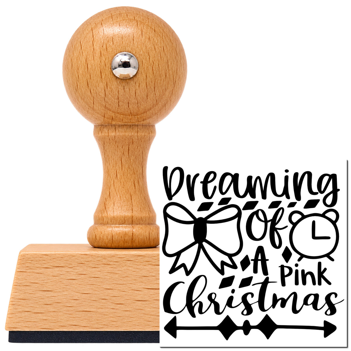 Vintage Pro beech wood stamp with a round knob handle, shown with its black Dreaming Of A Pink Christmas Tree Motif imprint on white.