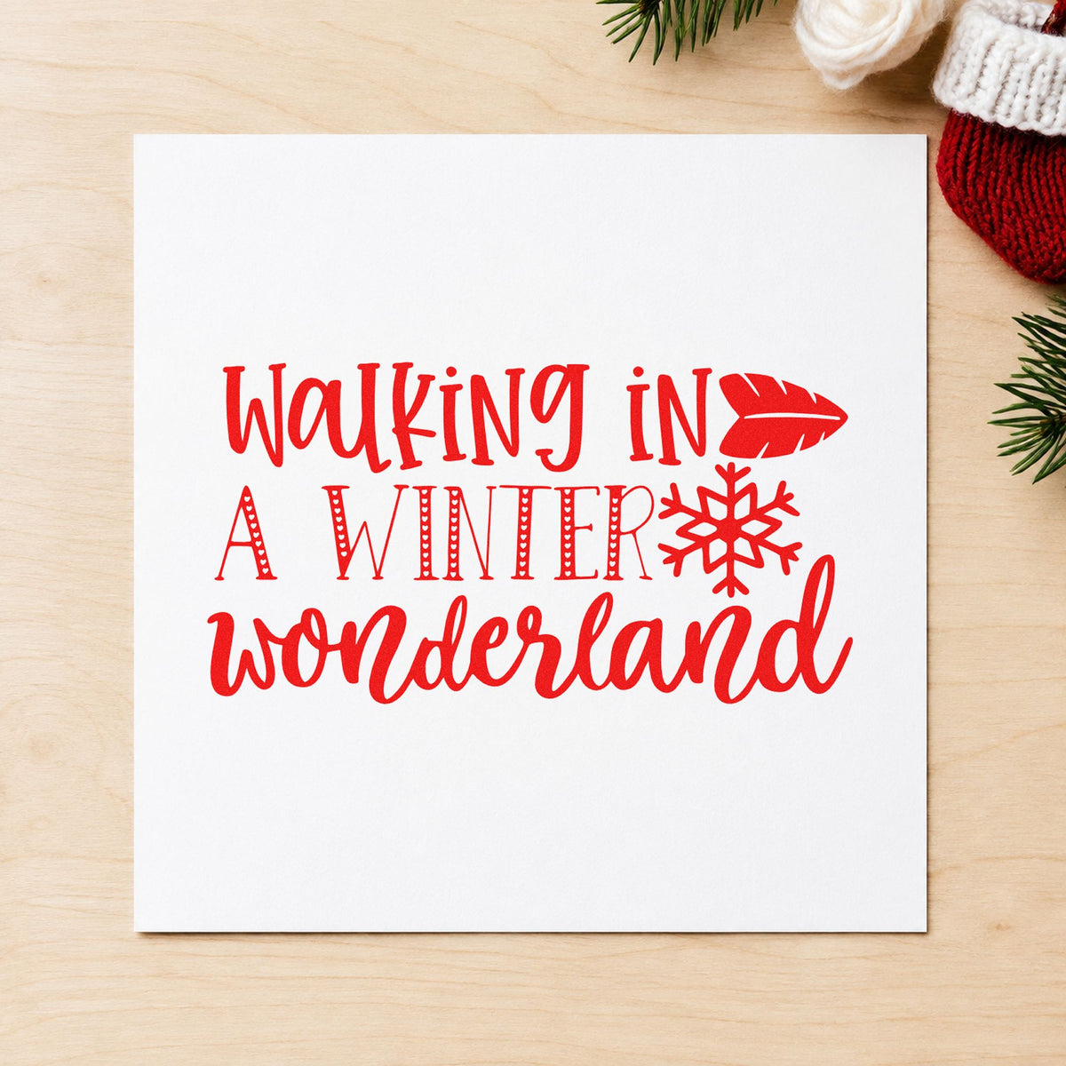 Walking In Winter Wonderland rubber stamp shown in red ink, stamped for projects such as shoe rack labels.