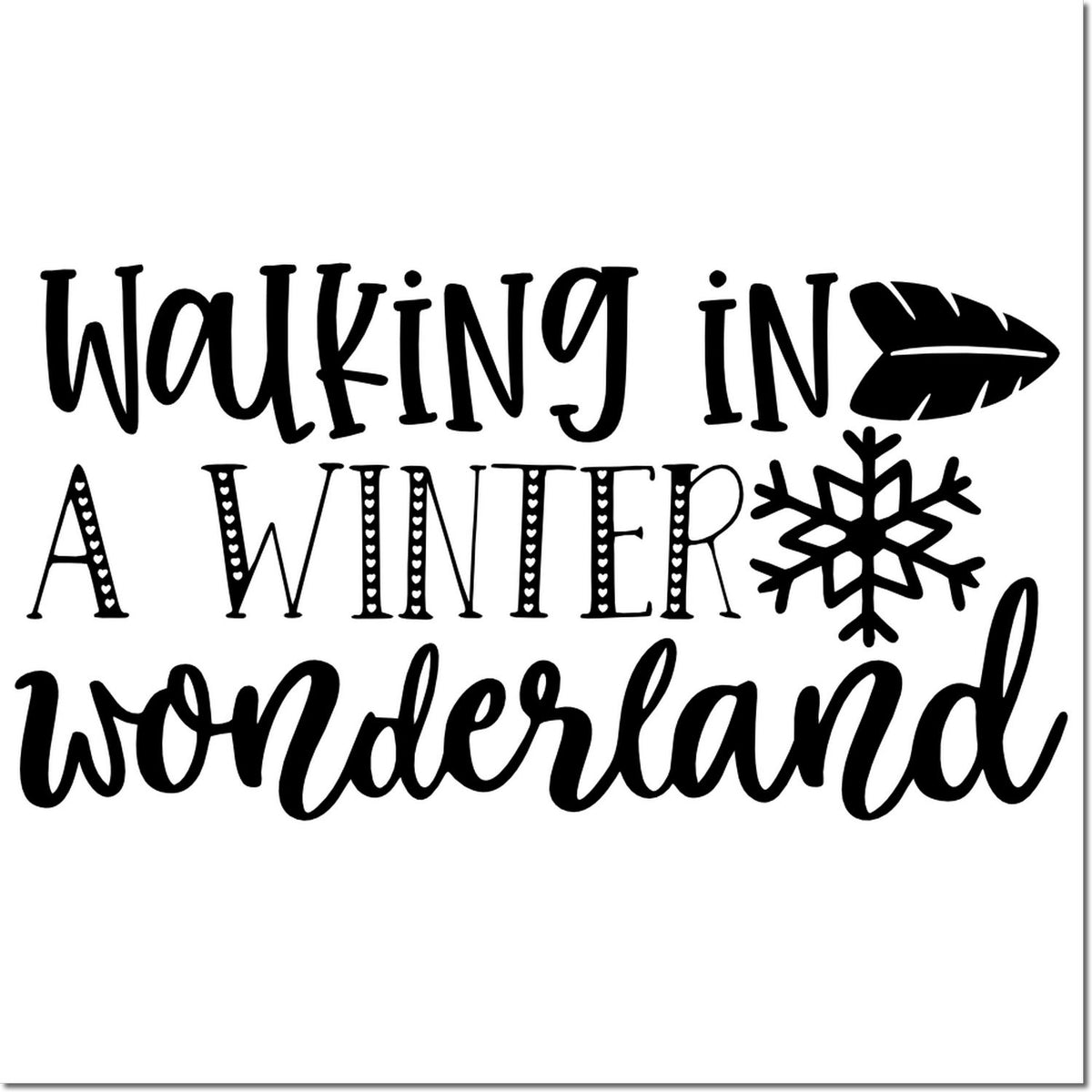 Black Walking in a Winter Wonderland stamp design with leaf and snowflake accents on a white background.