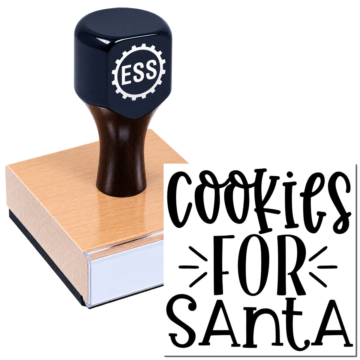 Navy ESS self-inking stamp on peach seal block, creating a black "Cookies for Santa" imprint.