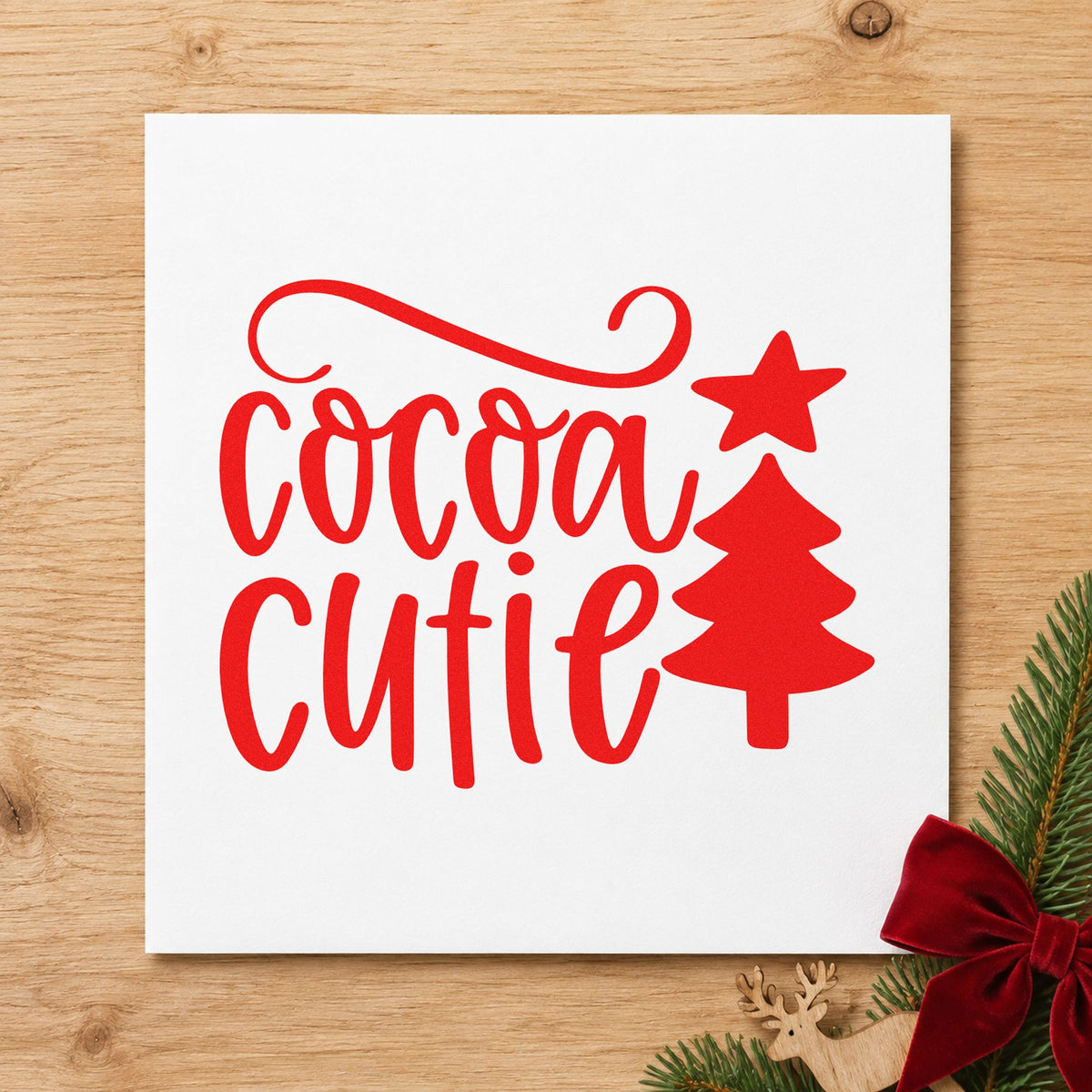 Cocoa Cutie Christmas Tree craft stamp in red ink on cardstock, an easy option for ruffle bib printing.