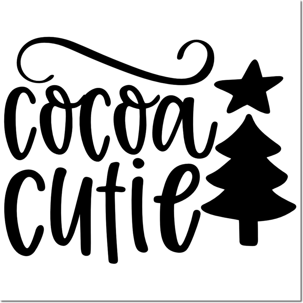 Black cocoa cutie stamp with pine tree and swirl design on white background, rustic seal-style lettering.