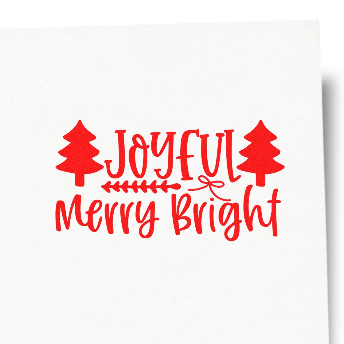 Red Joyful Merry Bright holiday stamp/seal design with pine trees and decorative flourish on white background.
