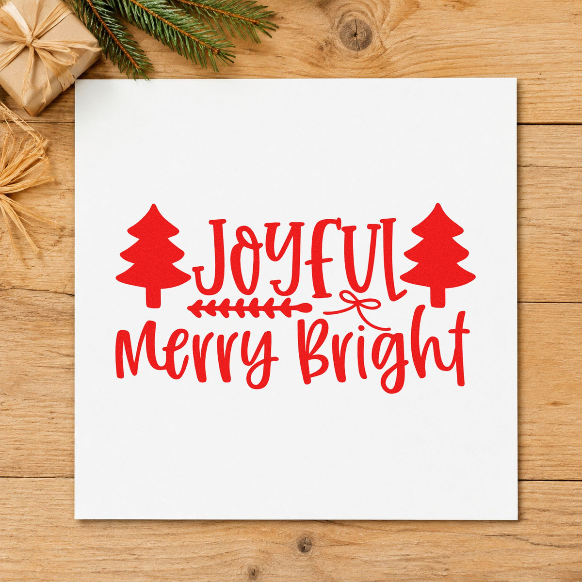 Joyful Merry Bright Trees rubber stamp shown in red ink, stamped for projects such as shelf trio labels.