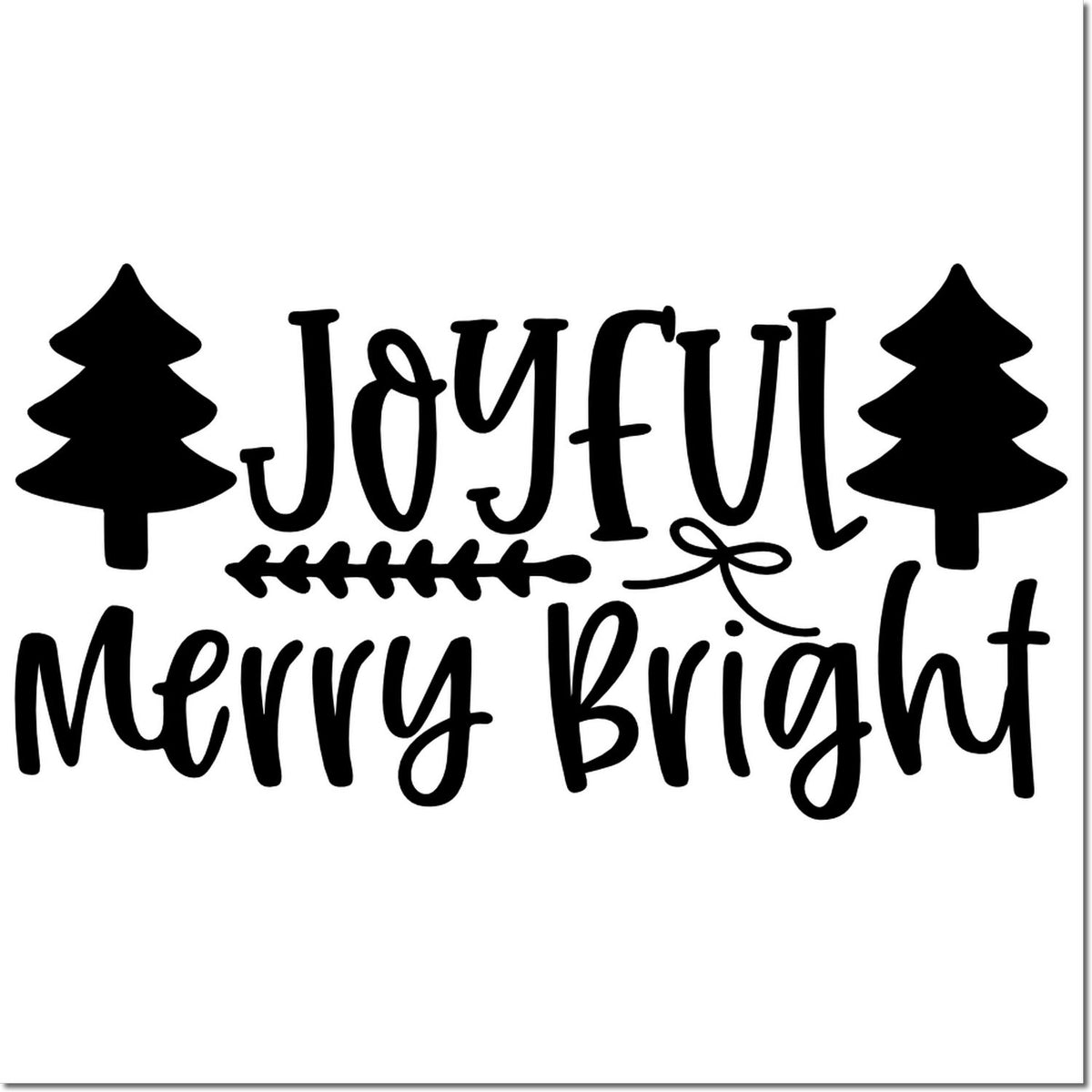 Black holiday stamp design reading Joyful Merry Bright with pine trees and festive arrow and bow accents.