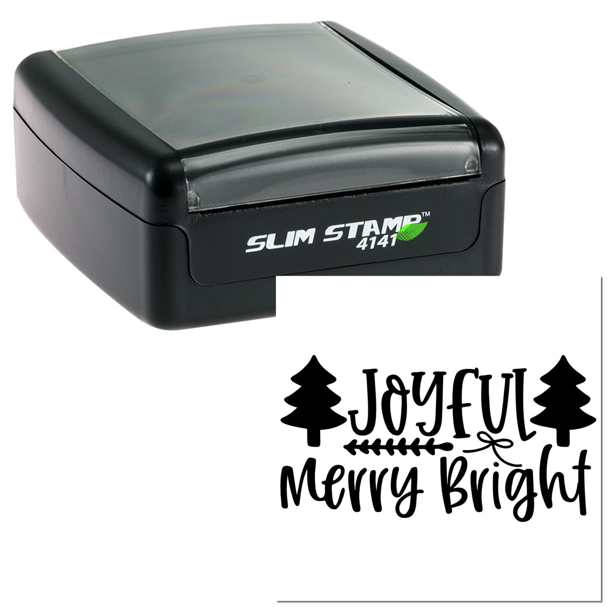 Black slim self-inking stamp with gray top and festive seal reading Joyful Merry Bright with tree icons.