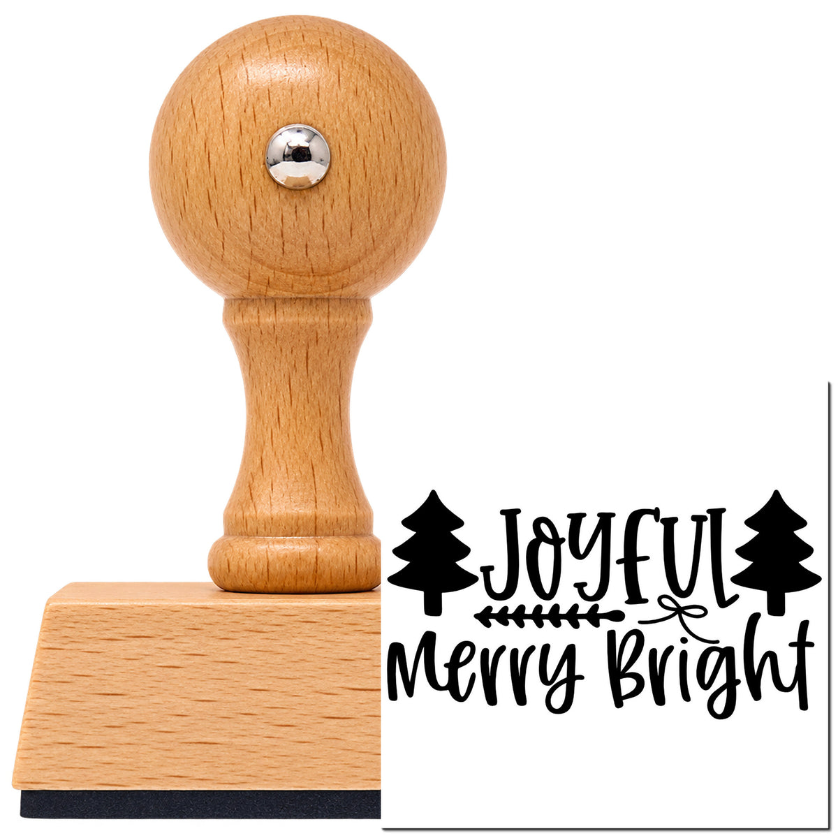 Vintage Pro beech wood stamp with a round knob handle, shown with its black Joyful Merry Bright Trees Arrow imprint on white.