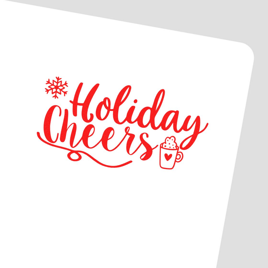 Red Holiday Cheers stamp and seal design in bright red with a snowflake and hot cocoa mug on a white background.