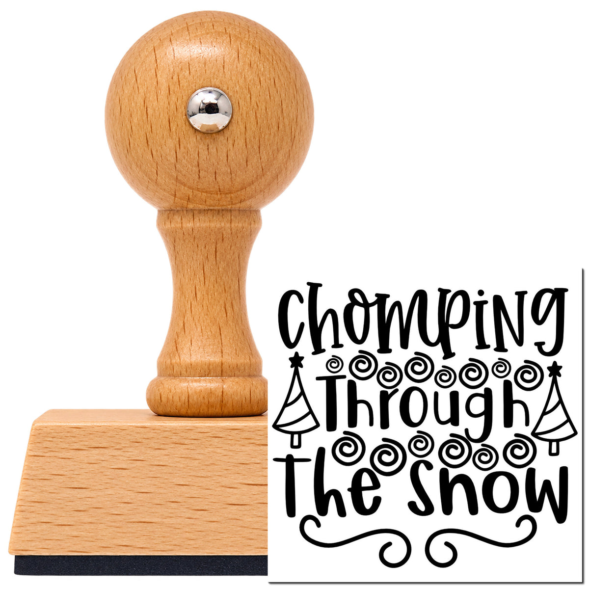 Vintage Pro beech wood stamp with a round knob handle, shown with its black Chomping Through The Snow imprint on white.