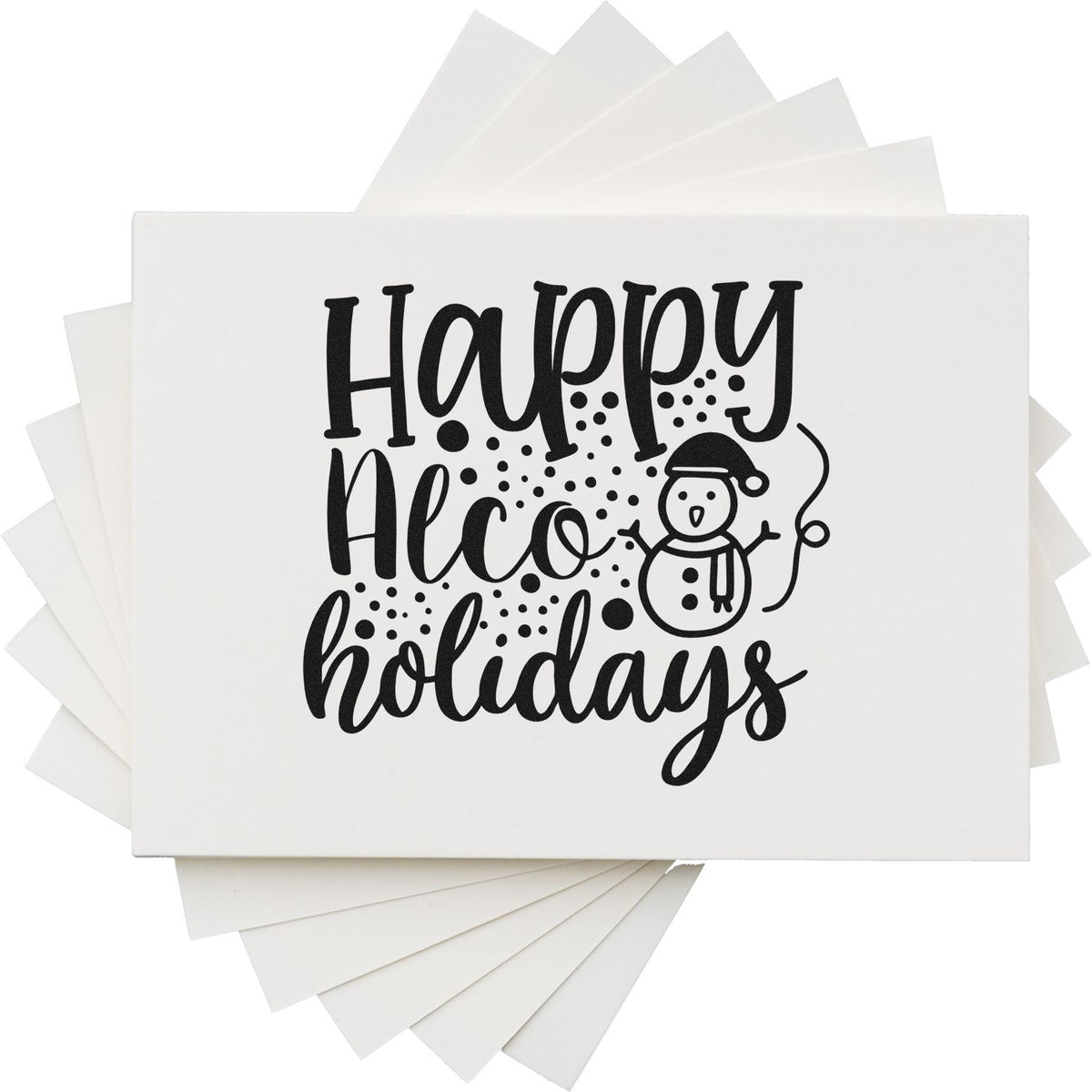 White stamp and seal sheets featuring black Happy Hecoidays lettering, a snowman, and holiday dots.