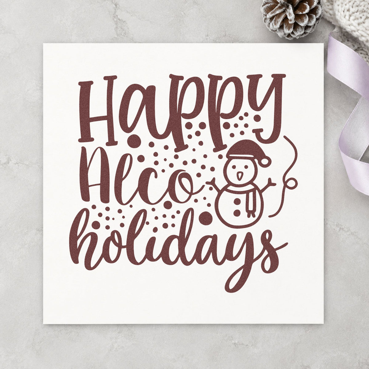 Happy Alco Holidays Snowman rubber stamp printed in brown ink, ready for drink plan sheet and similar paper crafts.