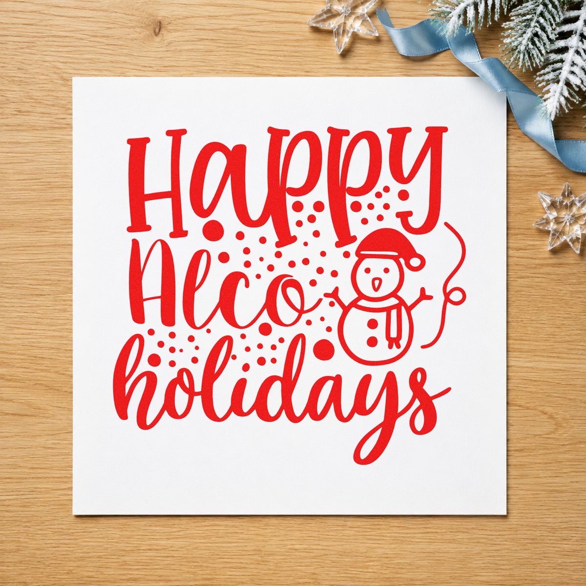 Happy Alco Holidays Snowman craft stamp in red ink on cardstock, an easy option for bar cloth printing.