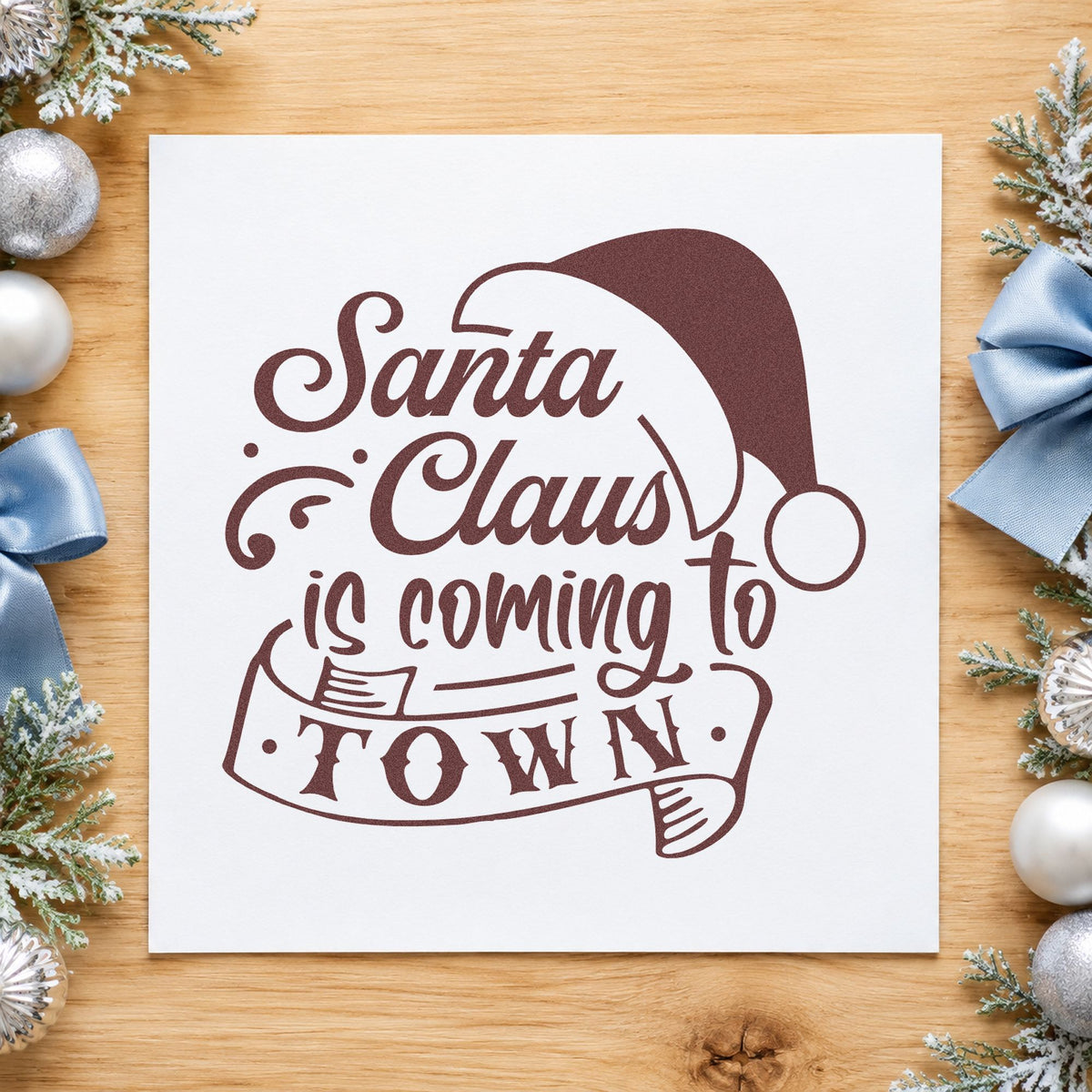 Santa Claus Coming To Town rubber stamp printed in brown ink, ready for visit log sheet and similar paper crafts.