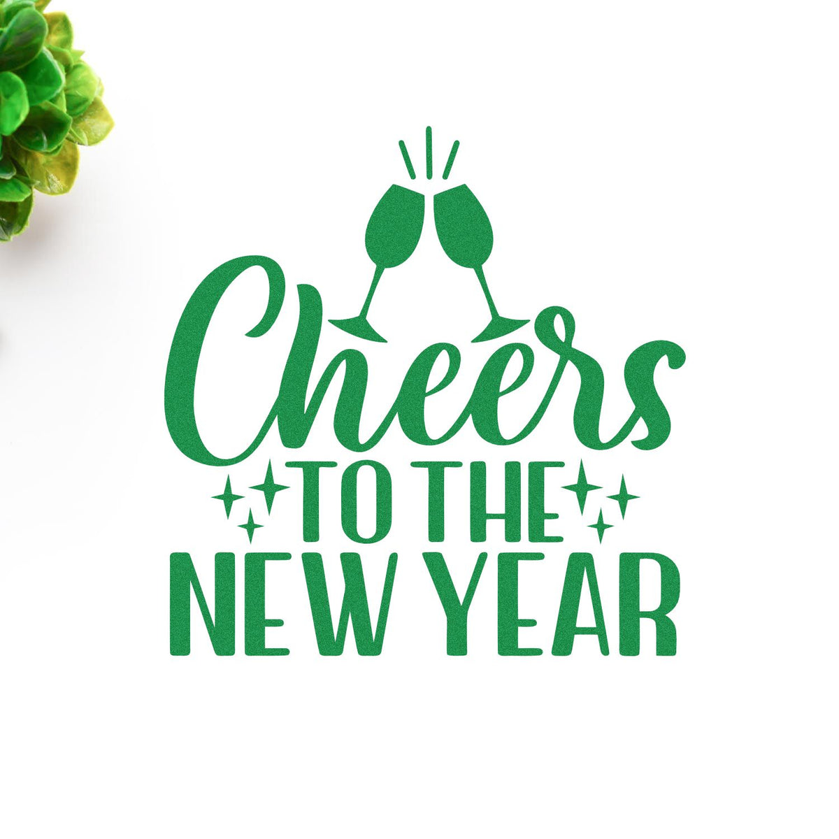 Green Cheers to the New Year stamp and seal with champagne glasses and sparkles on a white background.