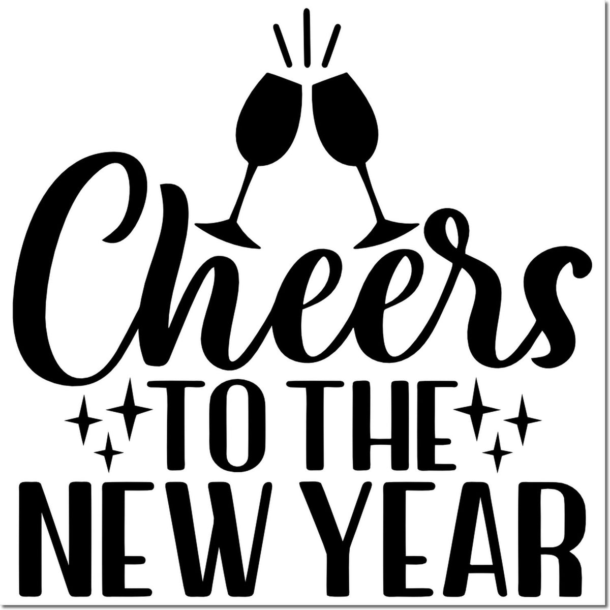Black Cheers to the New Year stamp design with clinking champagne glasses and sparkles on a white background.