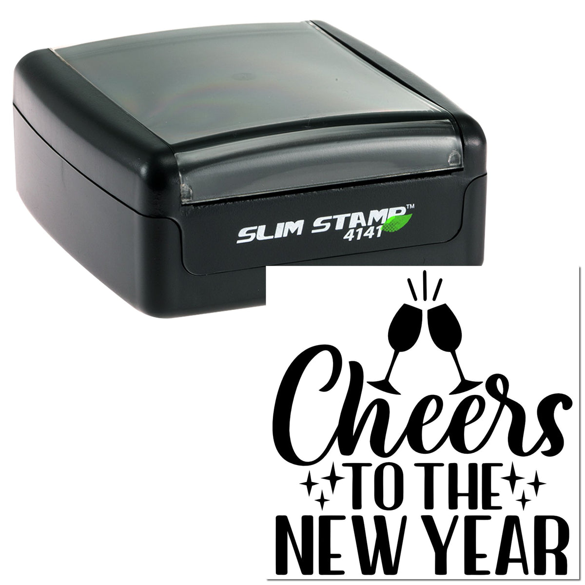 Black Slim Stamp 4141 self-inking stamp with clear cover and Cheers to the New Year black seal design.