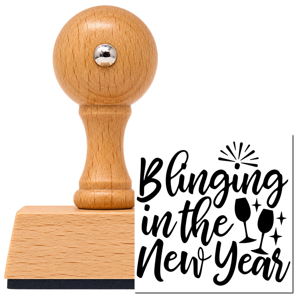 Vintage Pro beech wood stamp with a round knob handle, shown with its black New Year Bling And Sparkling Glasses imprint on white.