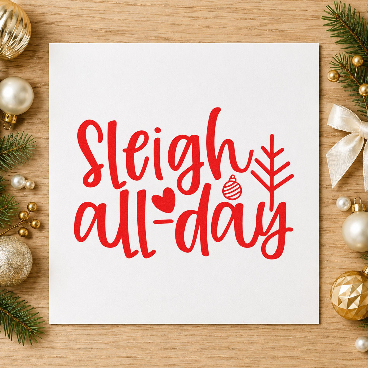 Sleigh All Day Arrow craft stamp in red ink on cardstock, an easy option for tee pocket printing.