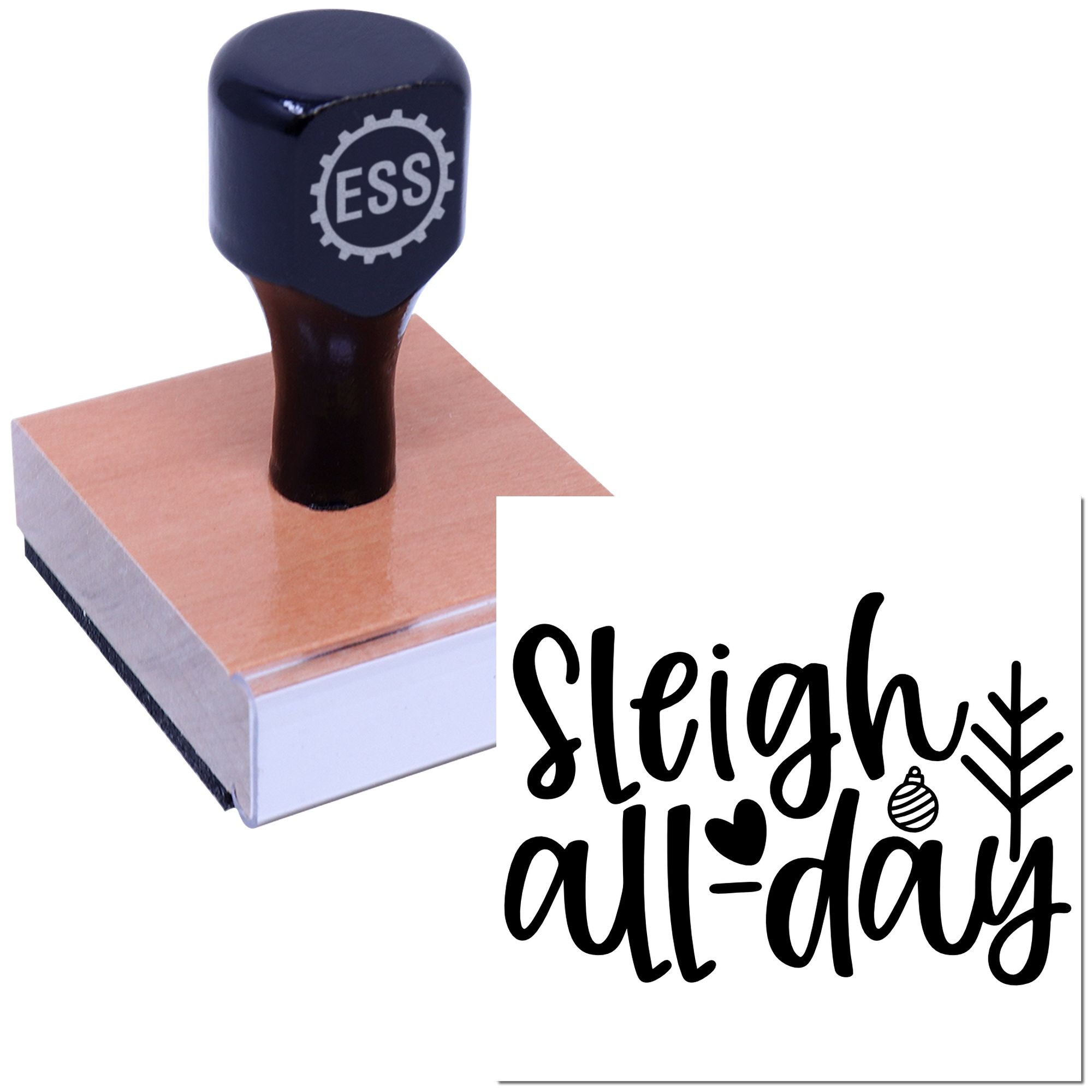 Dark navy ESS rubber stamp on wooden base beside a black Sleigh all-day holiday seal design.