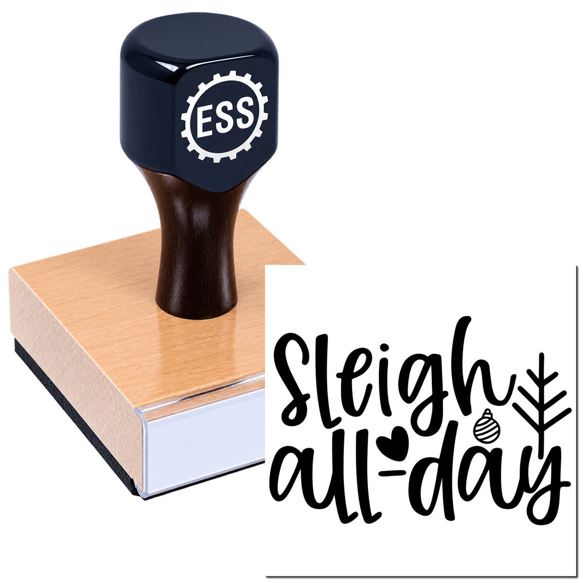 Dark navy ESS rubber stamp on wooden base beside a black "Sleigh all-day" holiday seal design.