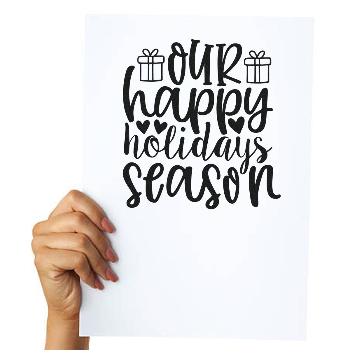 Black holiday stamp and seal design with gift icons, hearts, and our happy holidays season lettering on white paper.