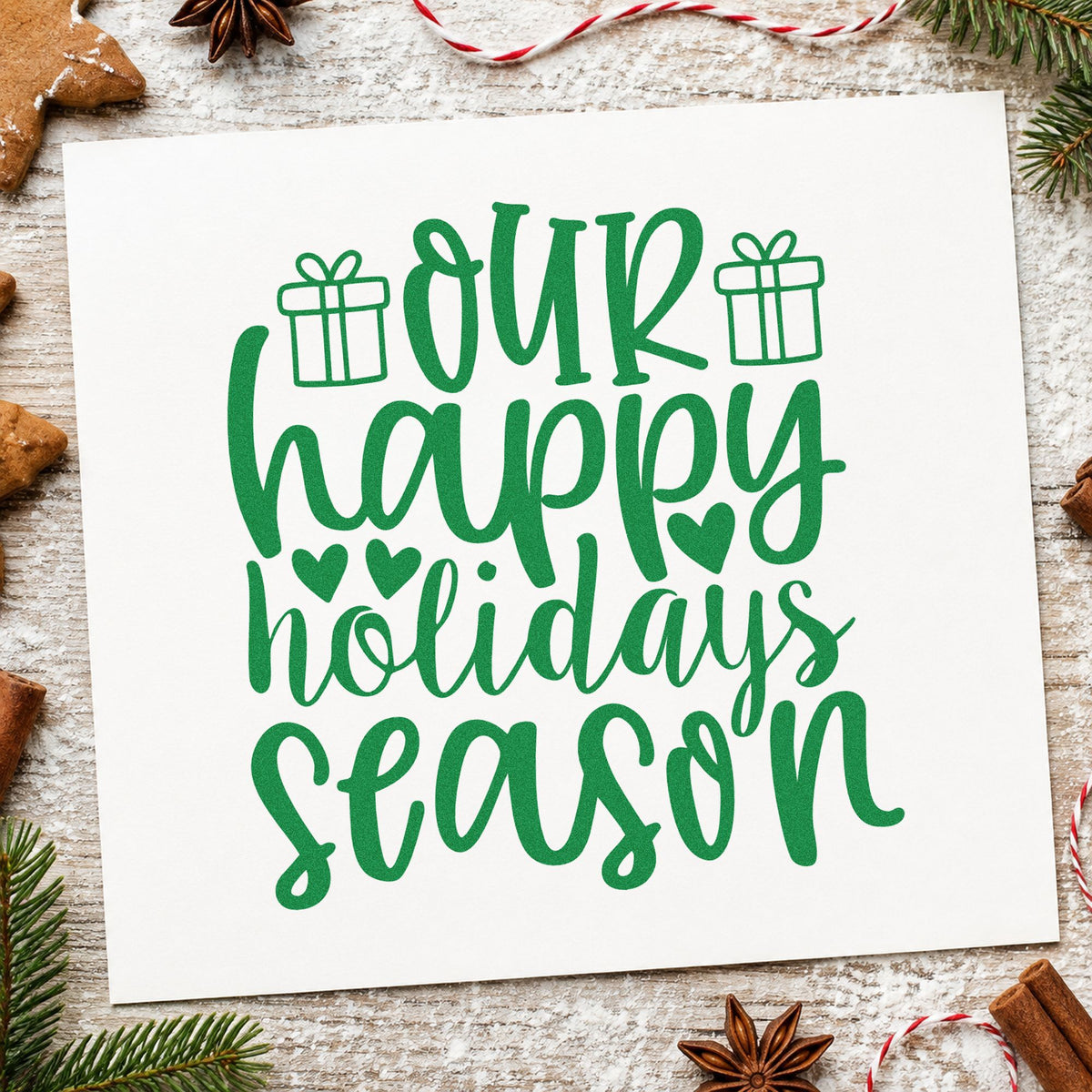 Our Happy Holidays Season craft stamp imprint in green ink on a handmade project, one idea being family gift tags.