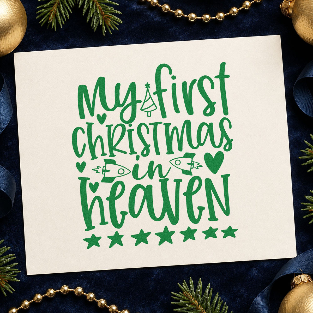 My First Christmas In Heaven craft stamp imprint in green ink on a handmade project, one idea being keepsake box tags.