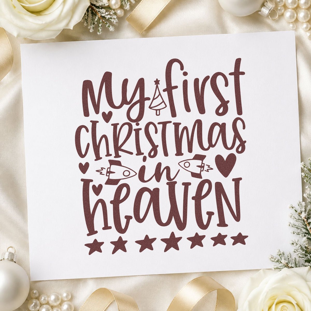 My First Christmas In Heaven rubber stamp printed in brown ink, ready for memory note sheet and similar paper crafts.