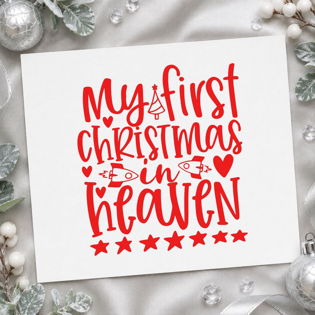 My First Christmas In Heaven rubber stamp shown in red ink, stamped for projects such as ornament box labels.