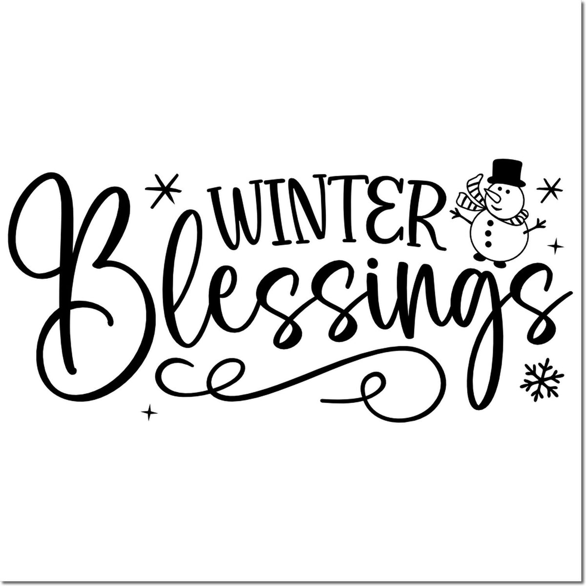Black winter blessings stamp and seal with snowman, snowflakes, and script lettering on a white background.