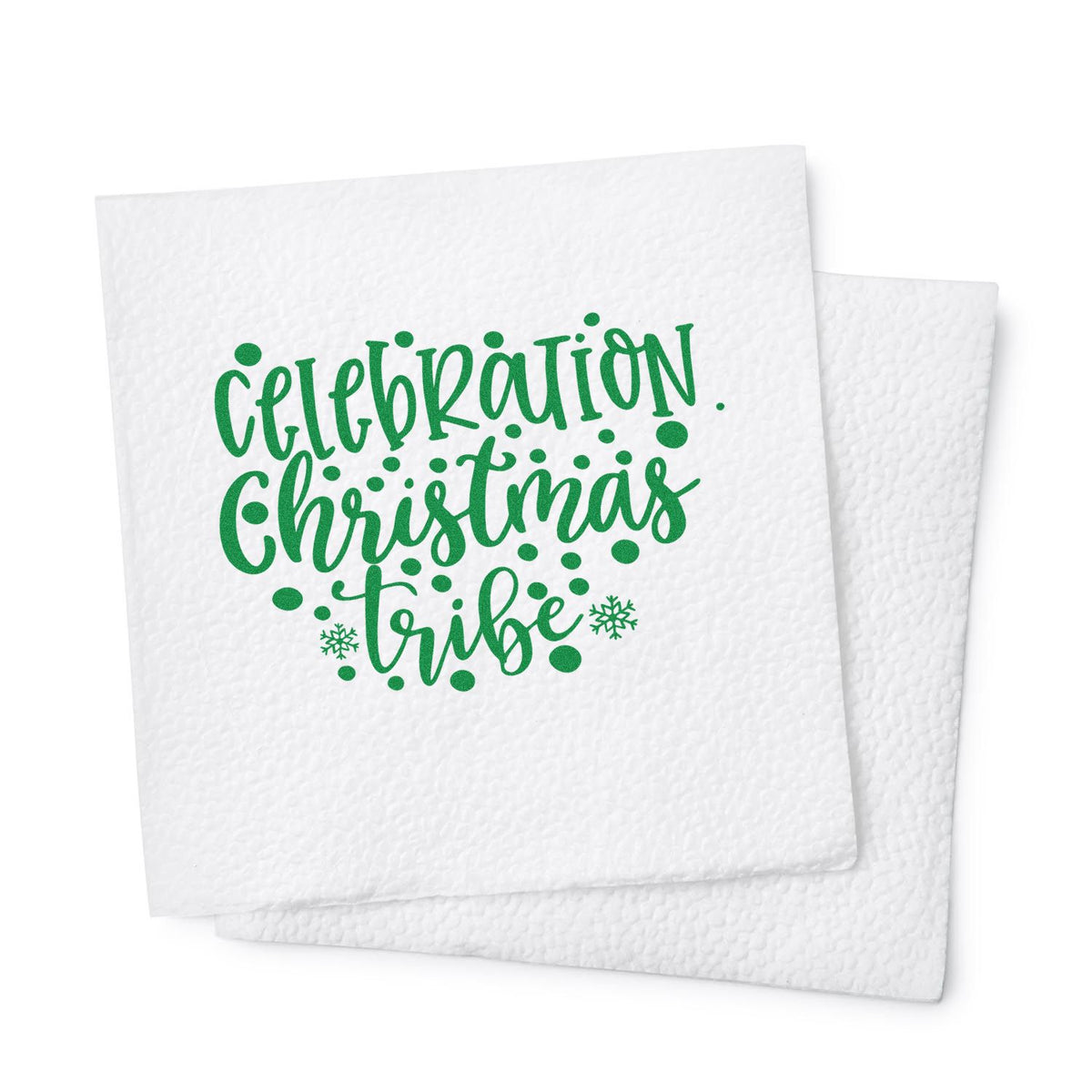 Green Celebration Christmas Tribe stamp on white textured napkin with snowflakes, on layered seal product samples.