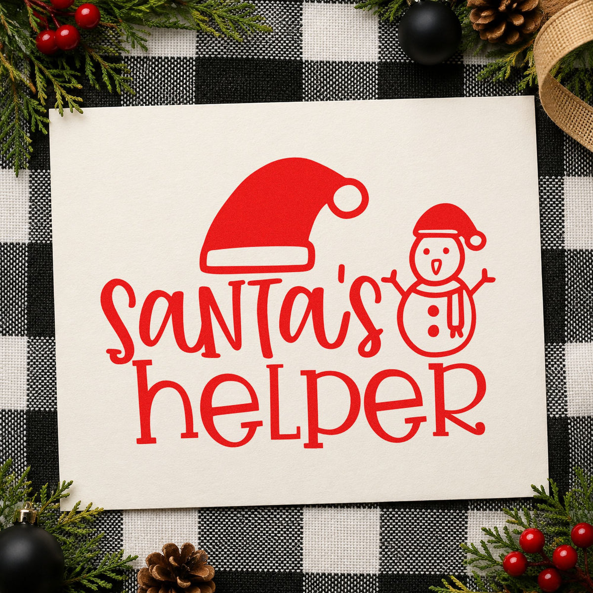Santa's Helper Hat Snowman craft stamp in red ink on cardstock, an easy option for mitten back printing.